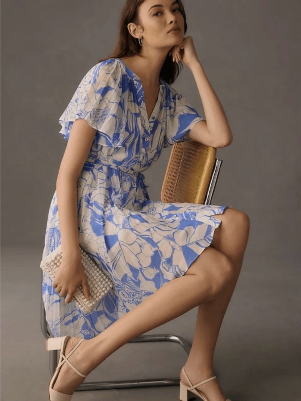 NWT Anthro Beautiful Blue & White Floral V-Neck Ruffle Sleeve Dress